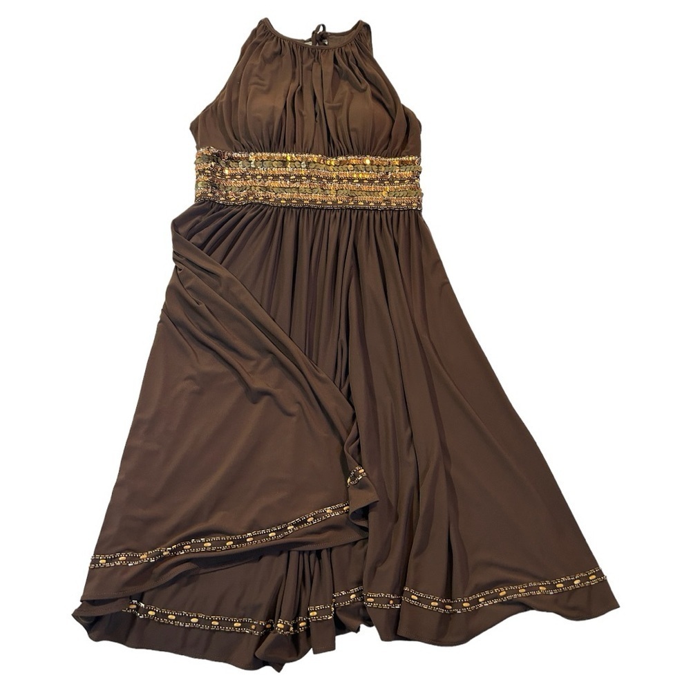 JS Boutique Embellished Matte Jersey Halter Dress Coffee Brown Size 10